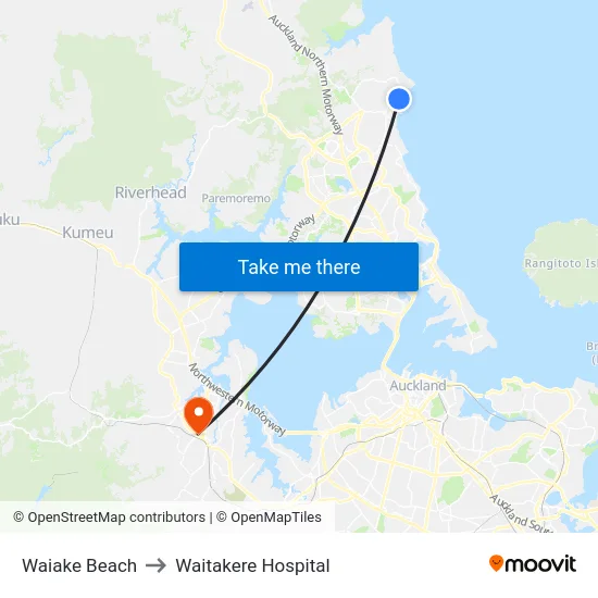 Waiake Beach to Waitakere Hospital map
