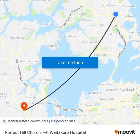 Forrest Hill Church to Waitakere Hospital map