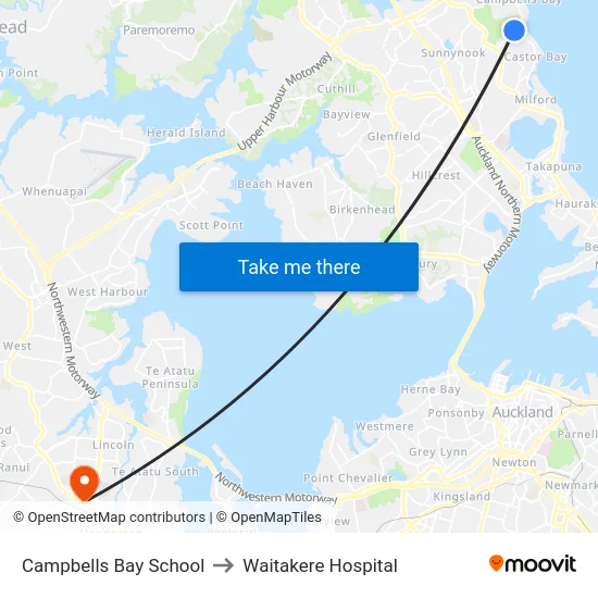 Campbells Bay School to Waitakere Hospital map