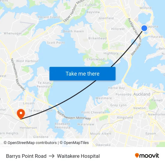 Barrys Point Road to Waitakere Hospital map