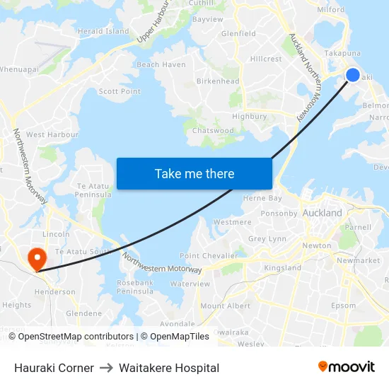 Hauraki Corner to Waitakere Hospital map