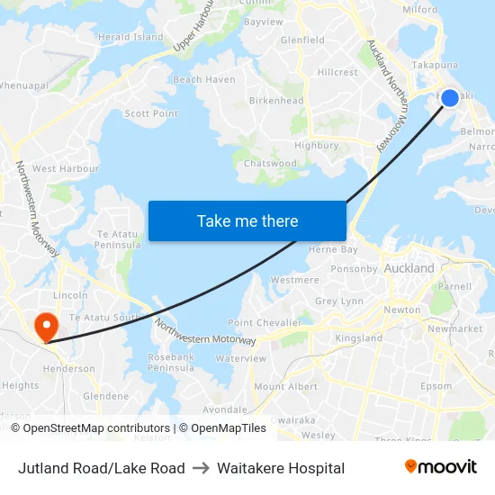 Jutland Road/Lake Road to Waitakere Hospital map