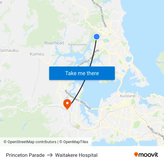 Princeton Parade to Waitakere Hospital map