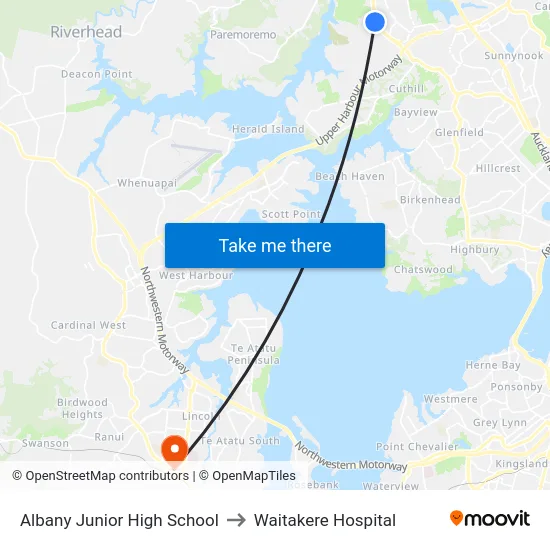 Albany Junior High School to Waitakere Hospital map