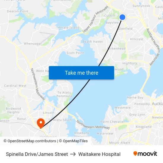 Spinella Drive/James Street to Waitakere Hospital map