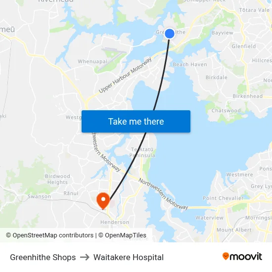 Greenhithe Shops to Waitakere Hospital map