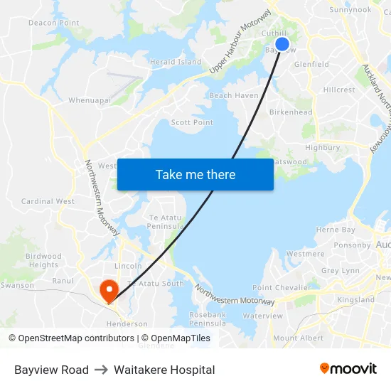 Bayview Road to Waitakere Hospital map