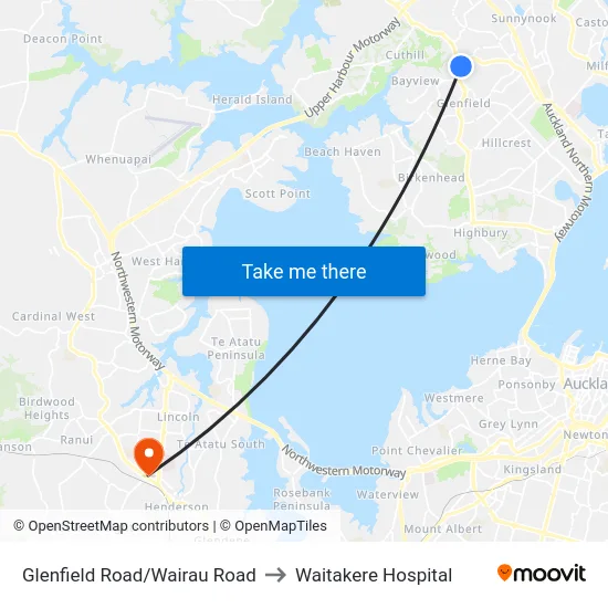 Glenfield Road/Wairau Road to Waitakere Hospital map