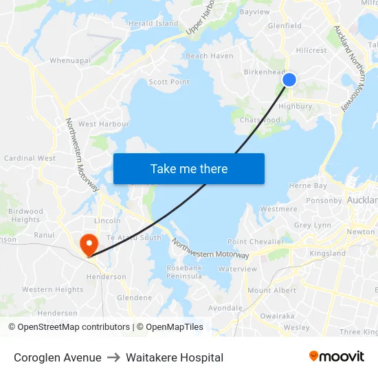Coroglen Avenue to Waitakere Hospital map