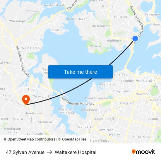 47 Sylvan Avenue to Waitakere Hospital map