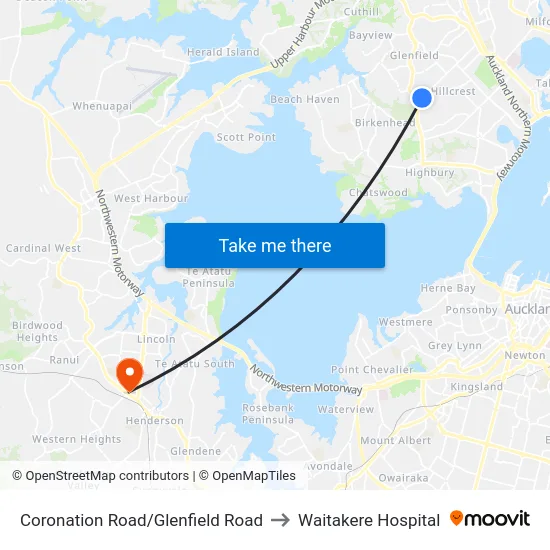 Coronation Road/Glenfield Road to Waitakere Hospital map