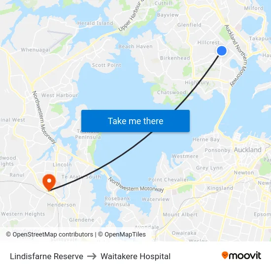 Lindisfarne Reserve to Waitakere Hospital map