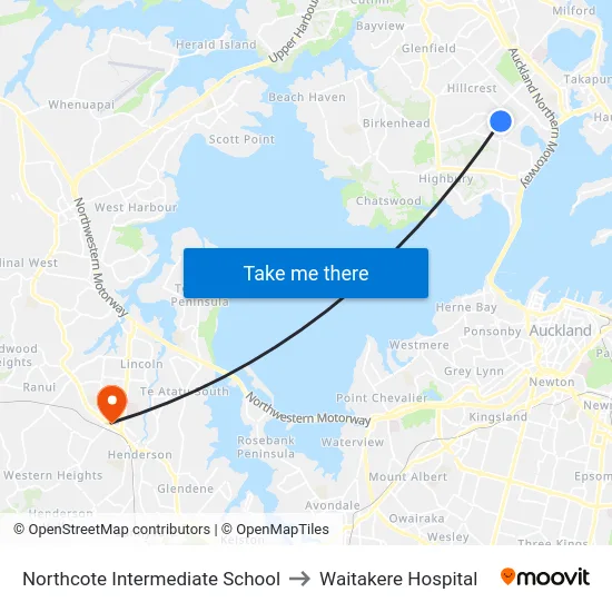 Northcote Intermediate School to Waitakere Hospital map