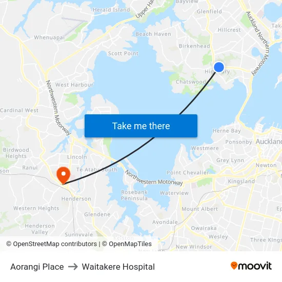 Aorangi Place to Waitakere Hospital map