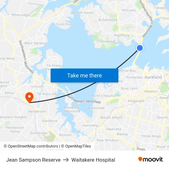 Jean Sampson Reserve to Waitakere Hospital map