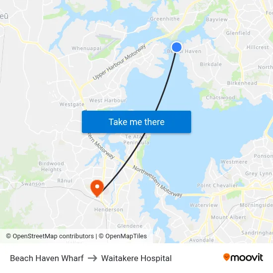 Beach Haven Wharf to Waitakere Hospital map