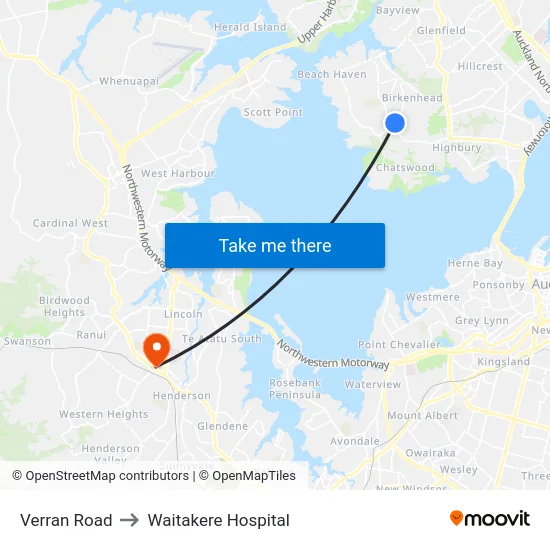 Verran Road to Waitakere Hospital map