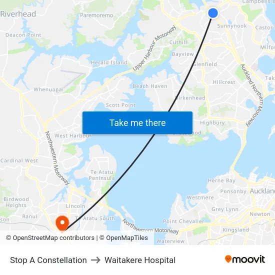 Stop A Constellation to Waitakere Hospital map