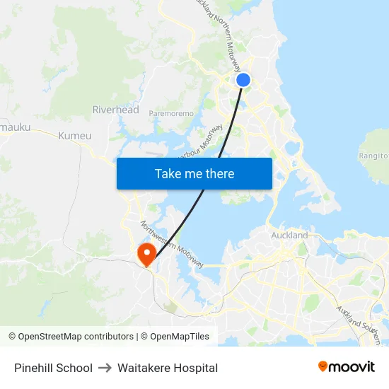 Pinehill School to Waitakere Hospital map