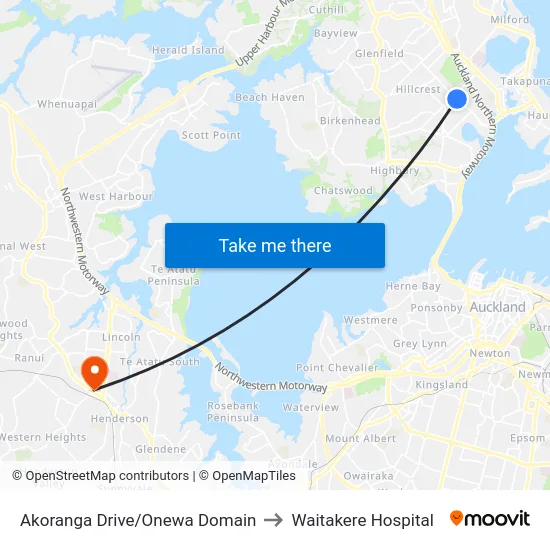 Akoranga Drive/Onewa Domain to Waitakere Hospital map