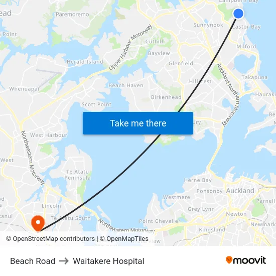 Beach Road to Waitakere Hospital map