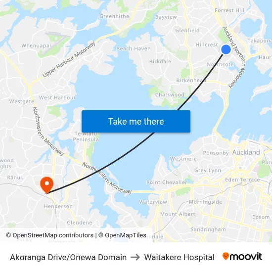 Akoranga Drive/Onewa Domain to Waitakere Hospital map