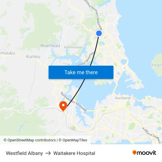 Westfield Albany to Waitakere Hospital map