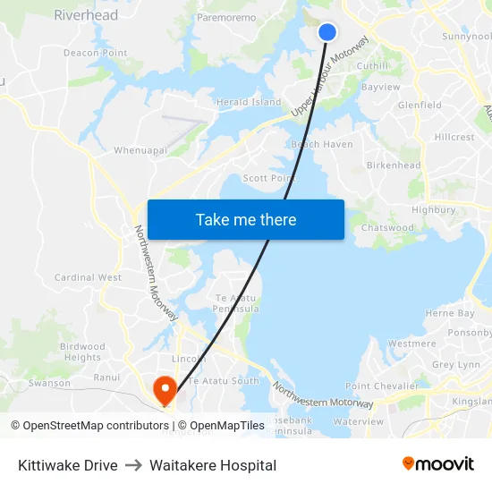 Kittiwake Drive to Waitakere Hospital map