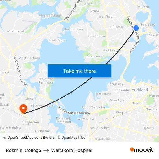 Rosmini College to Waitakere Hospital map