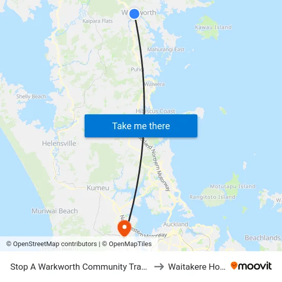 Stop A Warkworth Community Transport Hub to Waitakere Hospital map