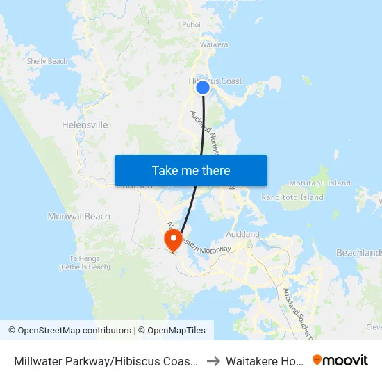 Millwater Parkway/Hibiscus Coast Highway to Waitakere Hospital map