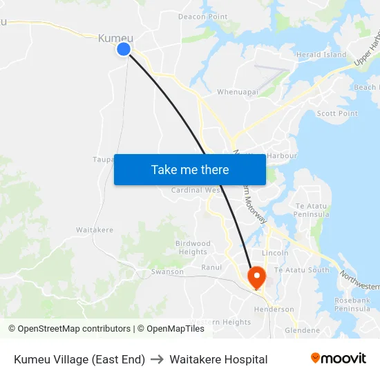 Kumeu Village (East End) to Waitakere Hospital map