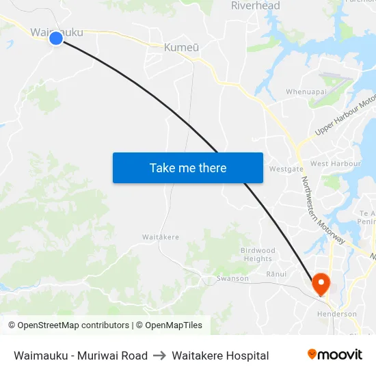 Waimauku - Muriwai Road to Waitakere Hospital map