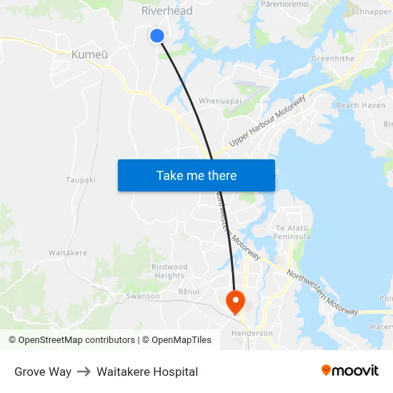Grove Way to Waitakere Hospital map