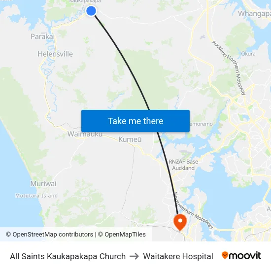 All Saints Kaukapakapa Church to Waitakere Hospital map