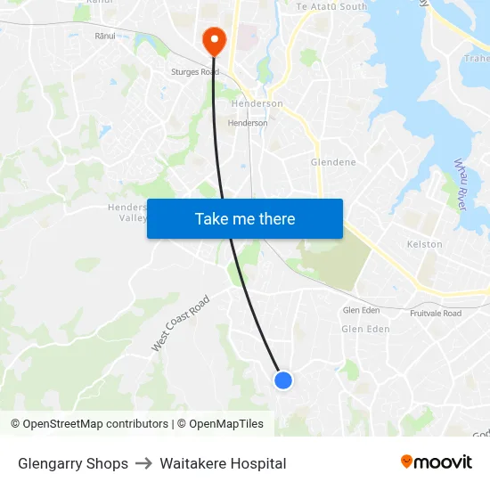 Glengarry Shops to Waitakere Hospital map