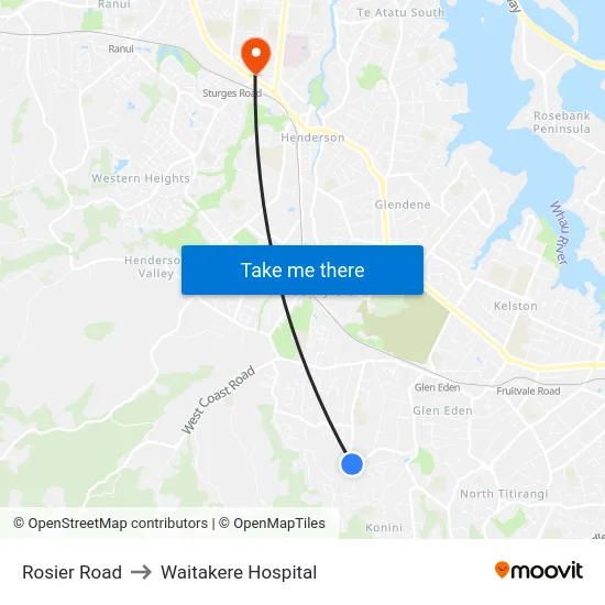 Rosier Road to Waitakere Hospital map