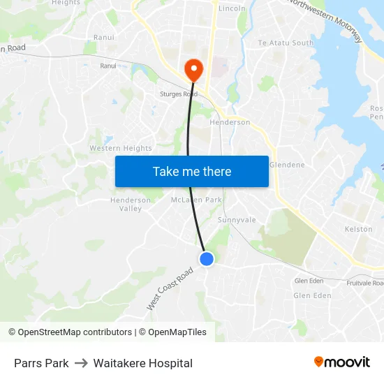 Parrs Park to Waitakere Hospital map