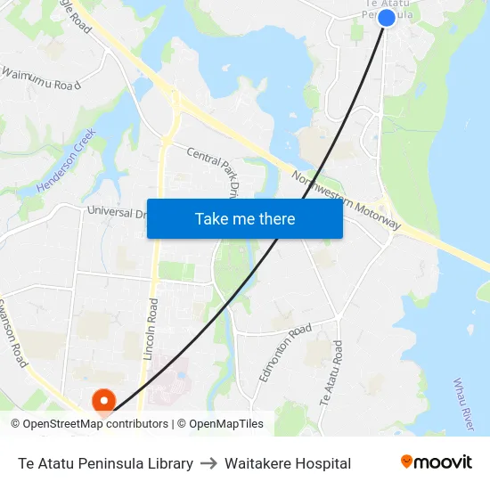 Te Atatu Peninsula Library to Waitakere Hospital map