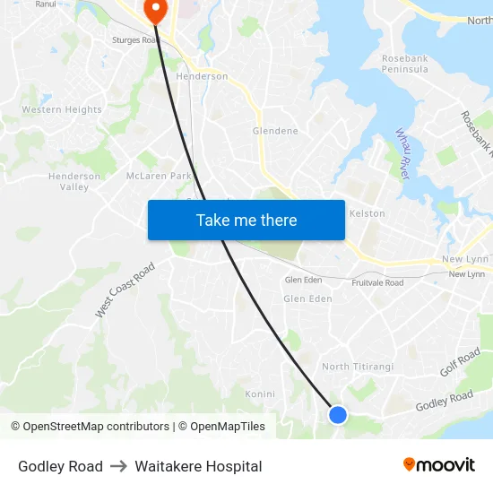 Godley Road to Waitakere Hospital map