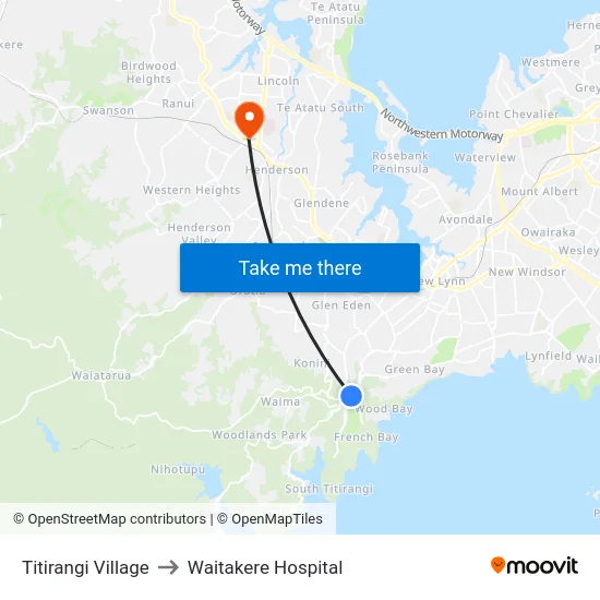 Titirangi Village to Waitakere Hospital map