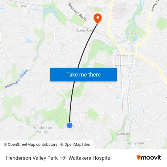 Henderson Valley Park to Waitakere Hospital map