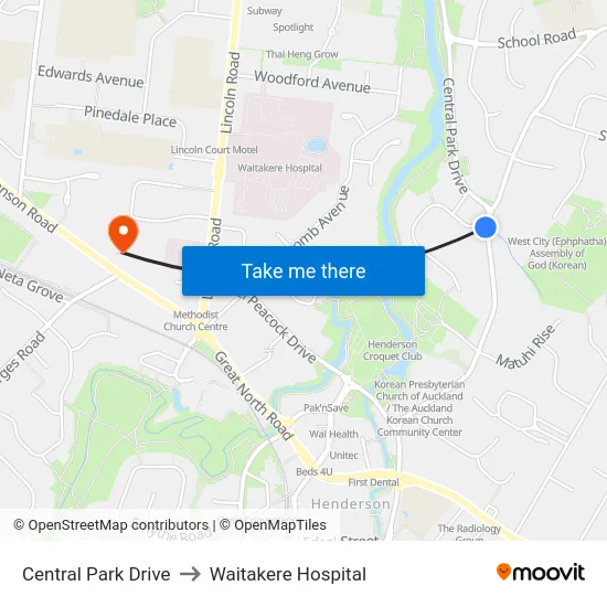 Central Park Drive to Waitakere Hospital map
