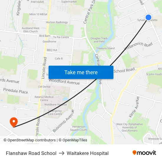Flanshaw Road School to Waitakere Hospital map