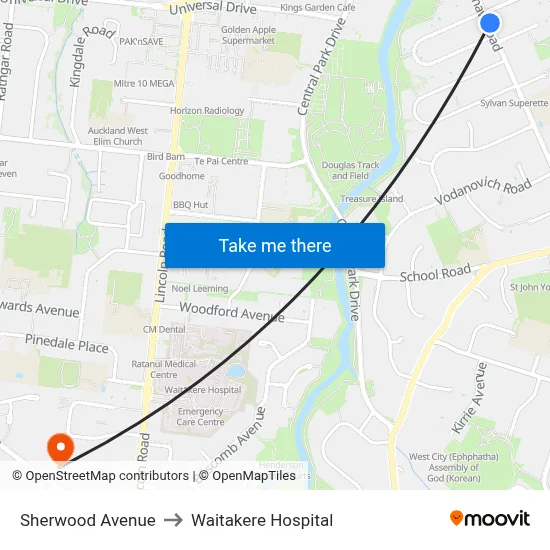 Sherwood Avenue to Waitakere Hospital map