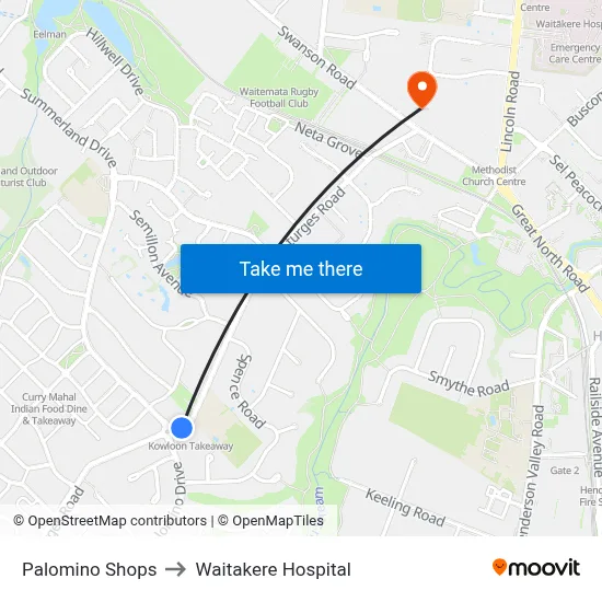 Palomino Shops to Waitakere Hospital map