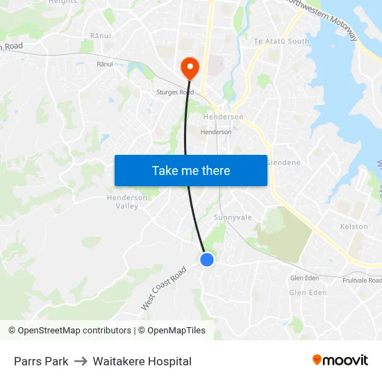 Parrs Park to Waitakere Hospital map