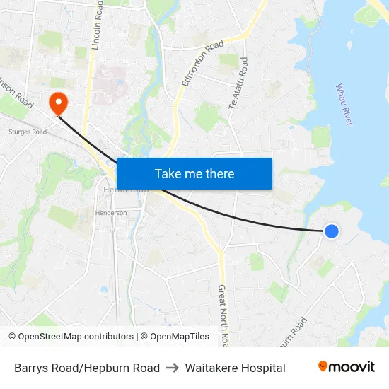 Barrys Road/Hepburn Road to Waitakere Hospital map