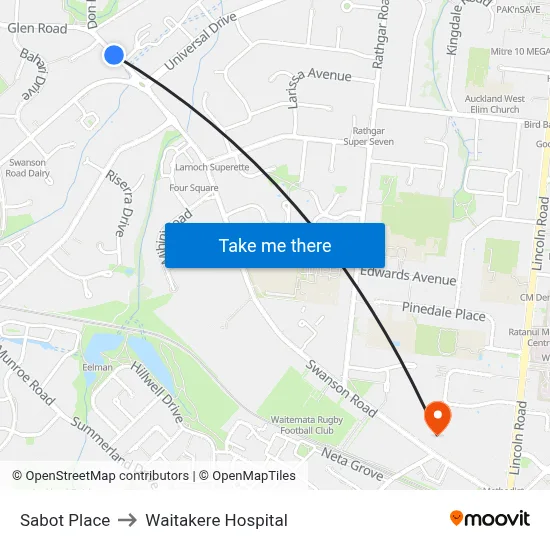 Sabot Place to Waitakere Hospital map