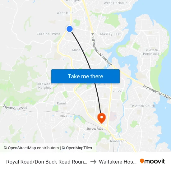 Royal Road/Don Buck Road Roundabout to Waitakere Hospital map